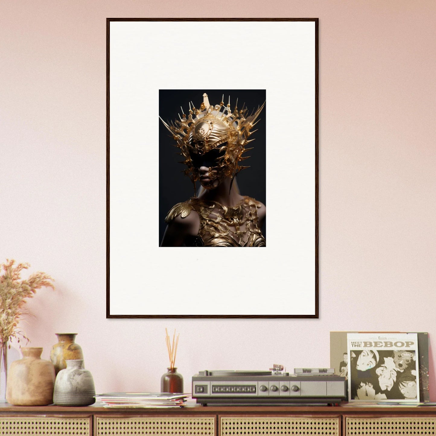 Framed photograph of a figure in a golden spiked headdress for vintage bloom decor