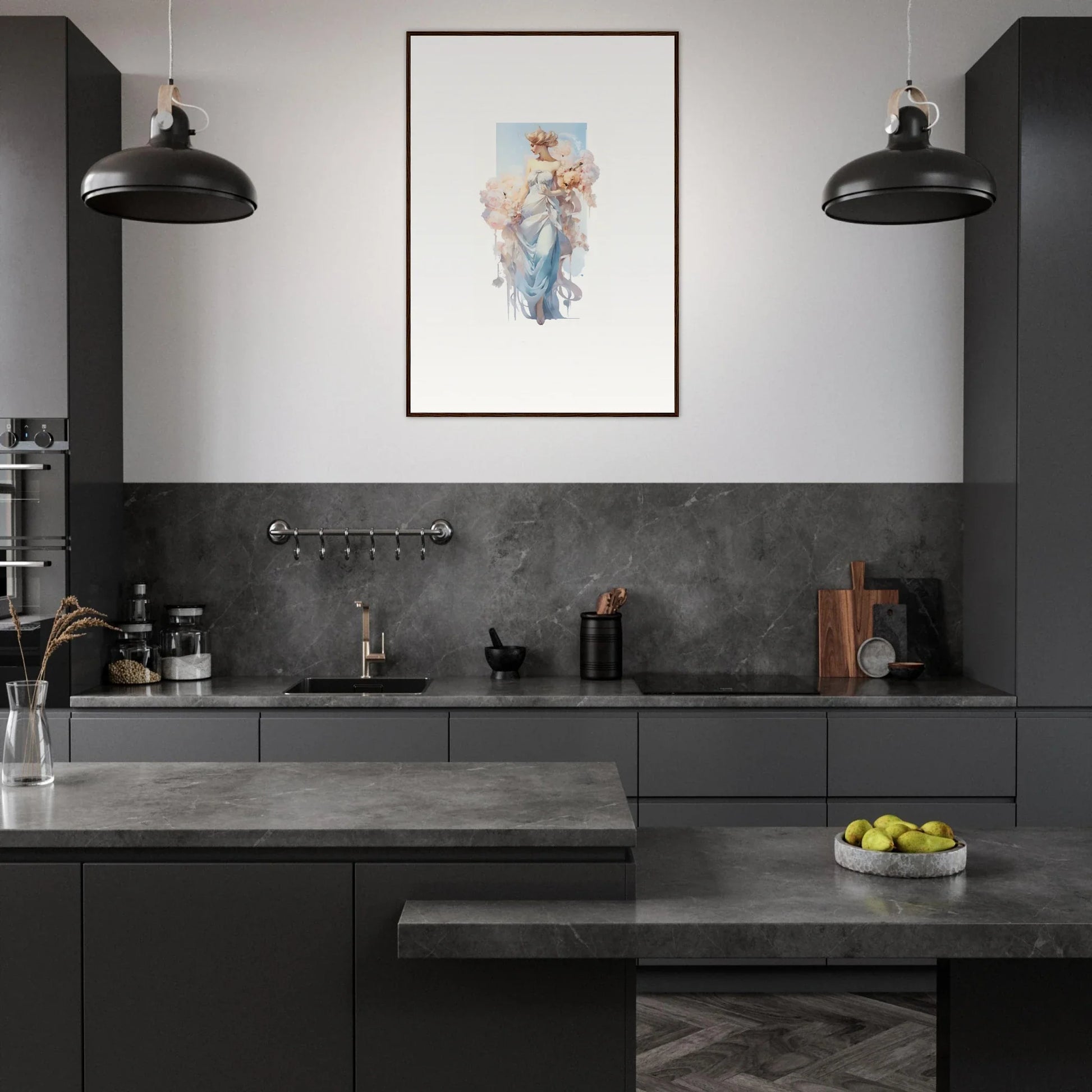 Modern dark kitchen featuring Ethereal Bouquet Waltz canvas print as room decoration