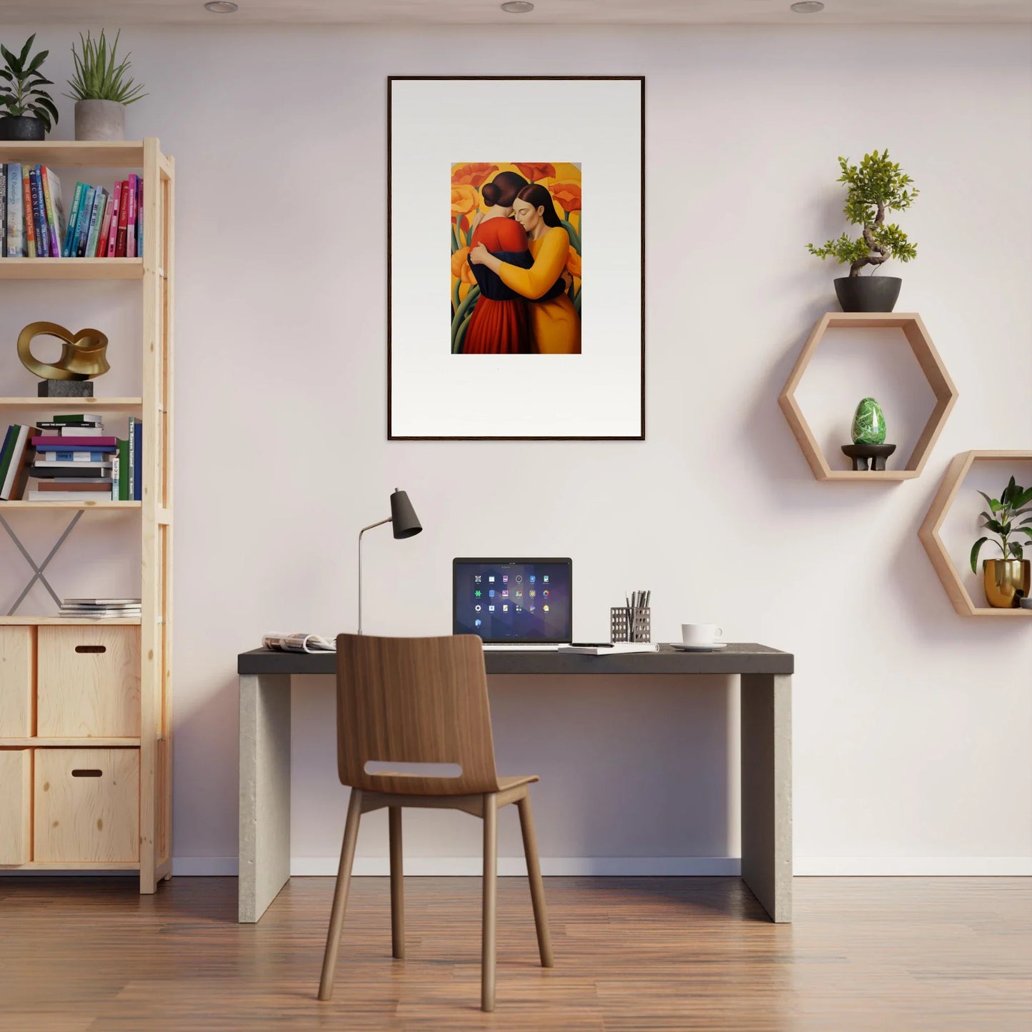 Cozy home office with a desk, chair, and Vibrant Floral Fondness canvas print