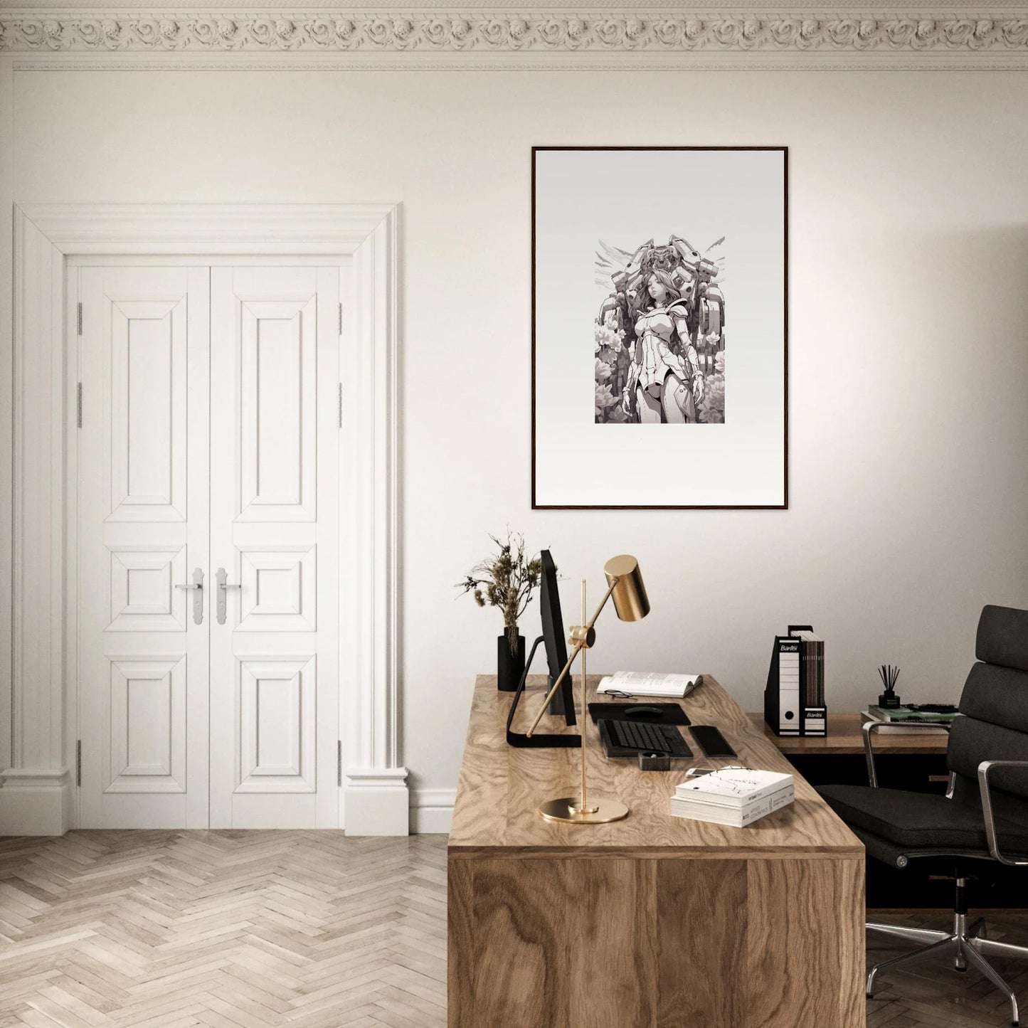 Elegant home office with wooden desk and dreamy canvas print for perfect room decoration