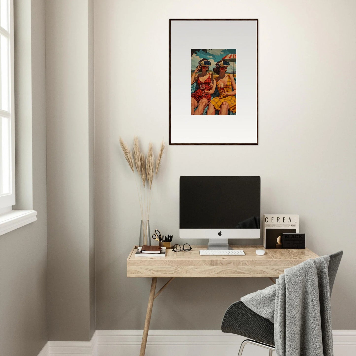 Minimalist home office with wooden desk, computer, and morning sunshine canvas print