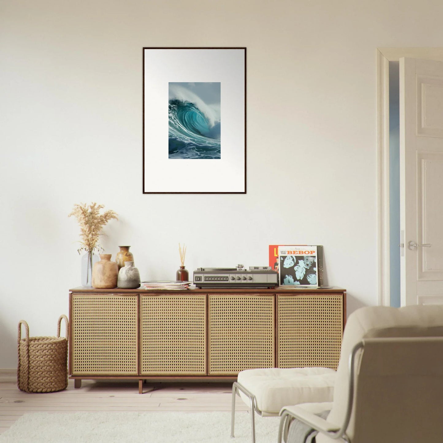 Wooden sideboard from Whispering Oceans featuring cane-webbed doors, perfect for room decoration