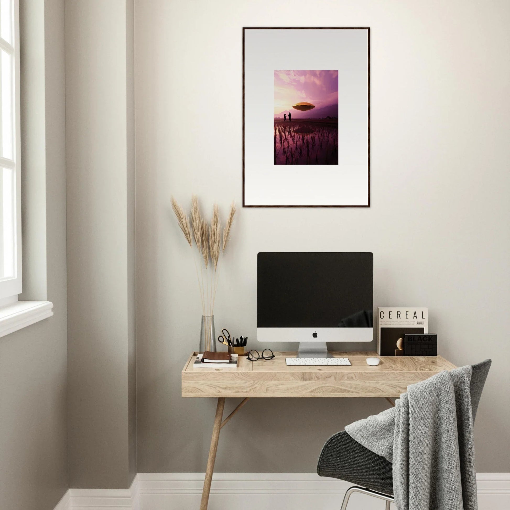 Minimalist wooden desk with computer and violet dreaming decor, perfect for room decoration