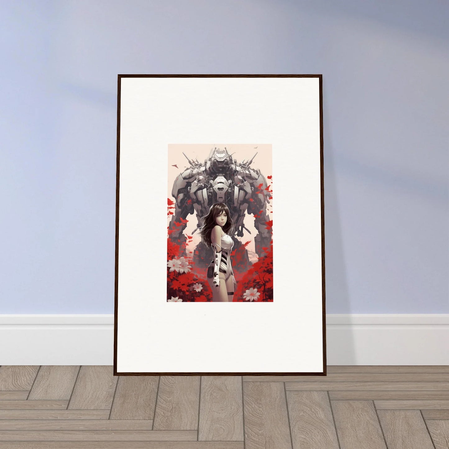 Framed Metallic Poppy Lucidity canvas print with wolves and red flowers for room decoration