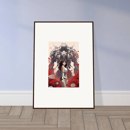 Framed Metallic Poppy Lucidity canvas print with wolves and red flowers for room decoration