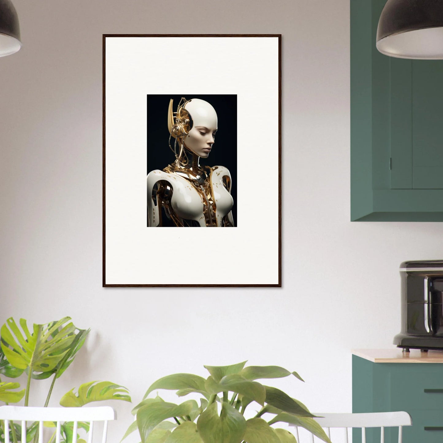 Framed canvas print of a gold-accented humanoid robot for a dream machine room decoration