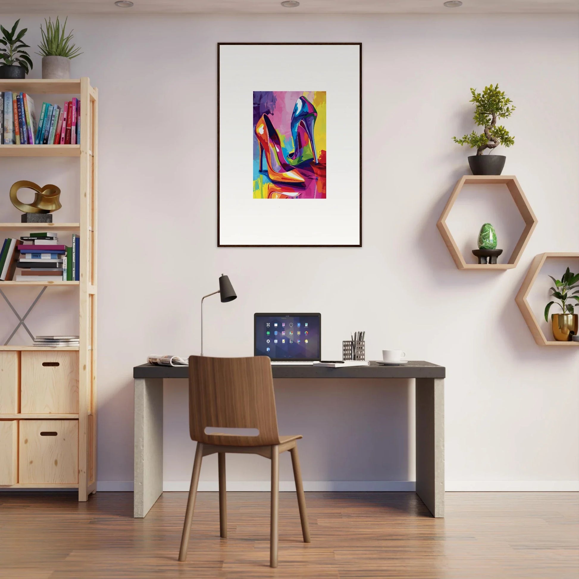 Modern home office workspace featuring Technicolor Ascânda wall art and stylish decor