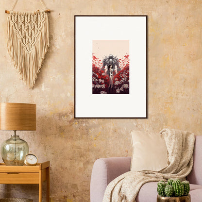 Framed canvas print of Boundary Whimsy with a figure and red floral accents for room decoration