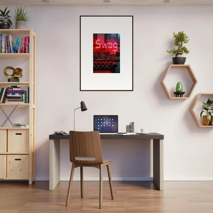 Cozy home office workspace with desk, chair, and stylish wall art decoration