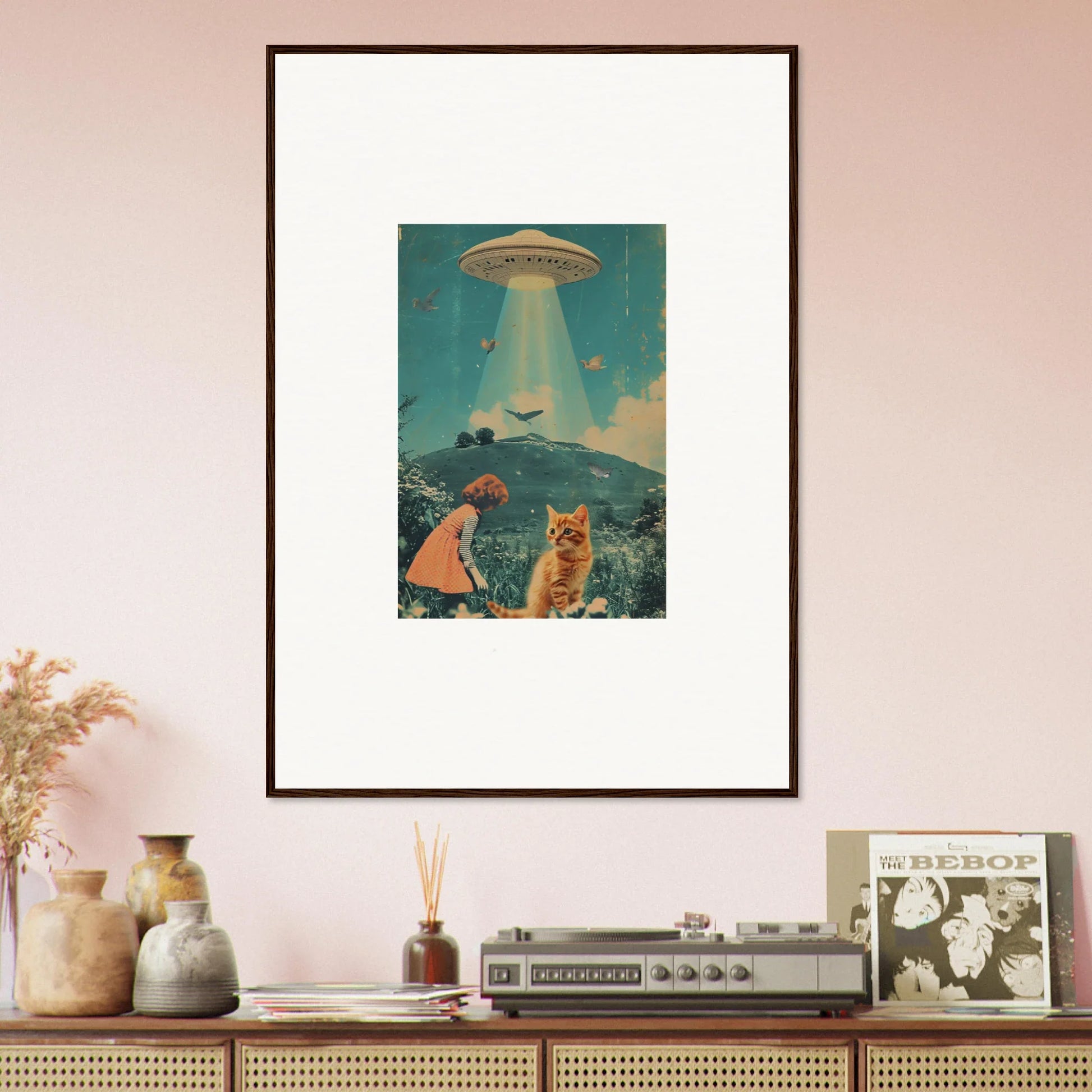 Surrealist UFO abduction scene with cats, perfect for unique Thought Meadows room decoration