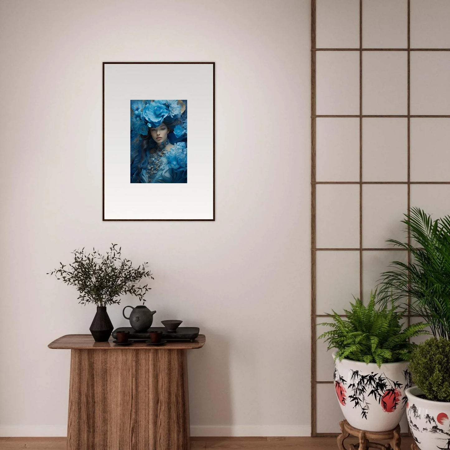 Framed portrait in blue tones for room decoration, Dreaming Blue Symphony canvas print