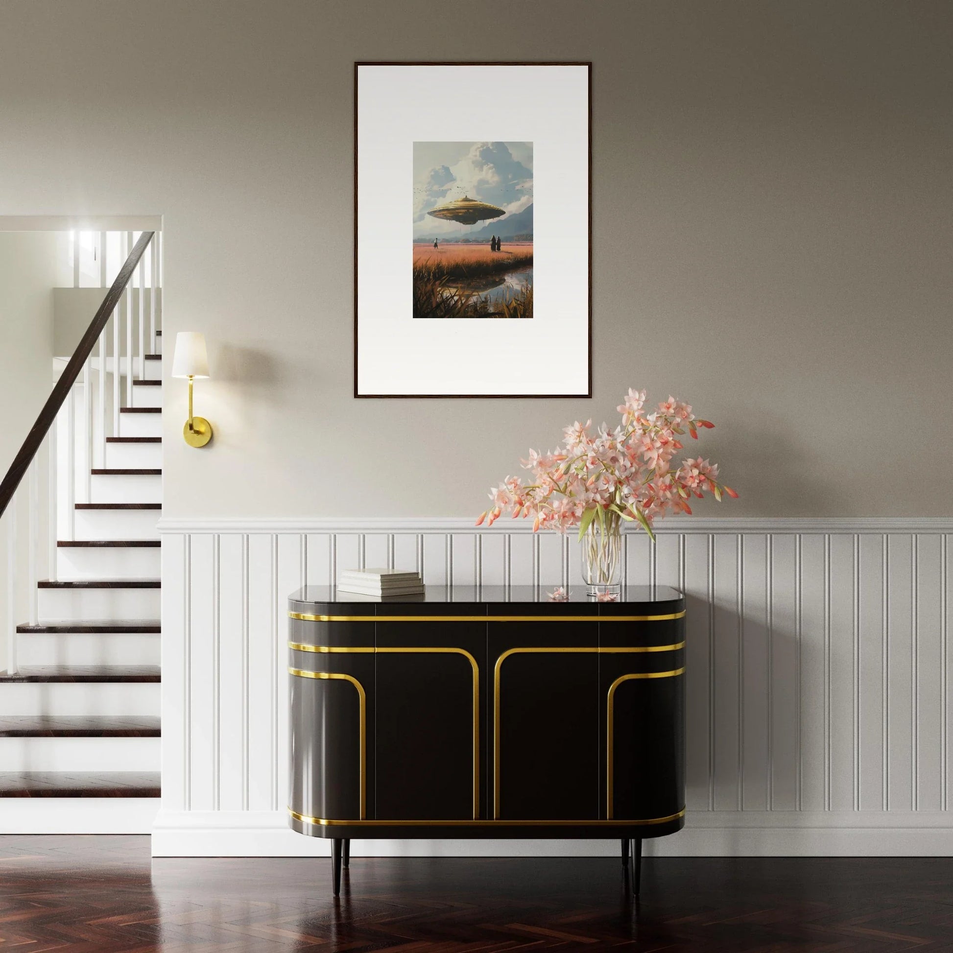 Elegant black sideboard with gold trim perfect for drifting suns room decoration