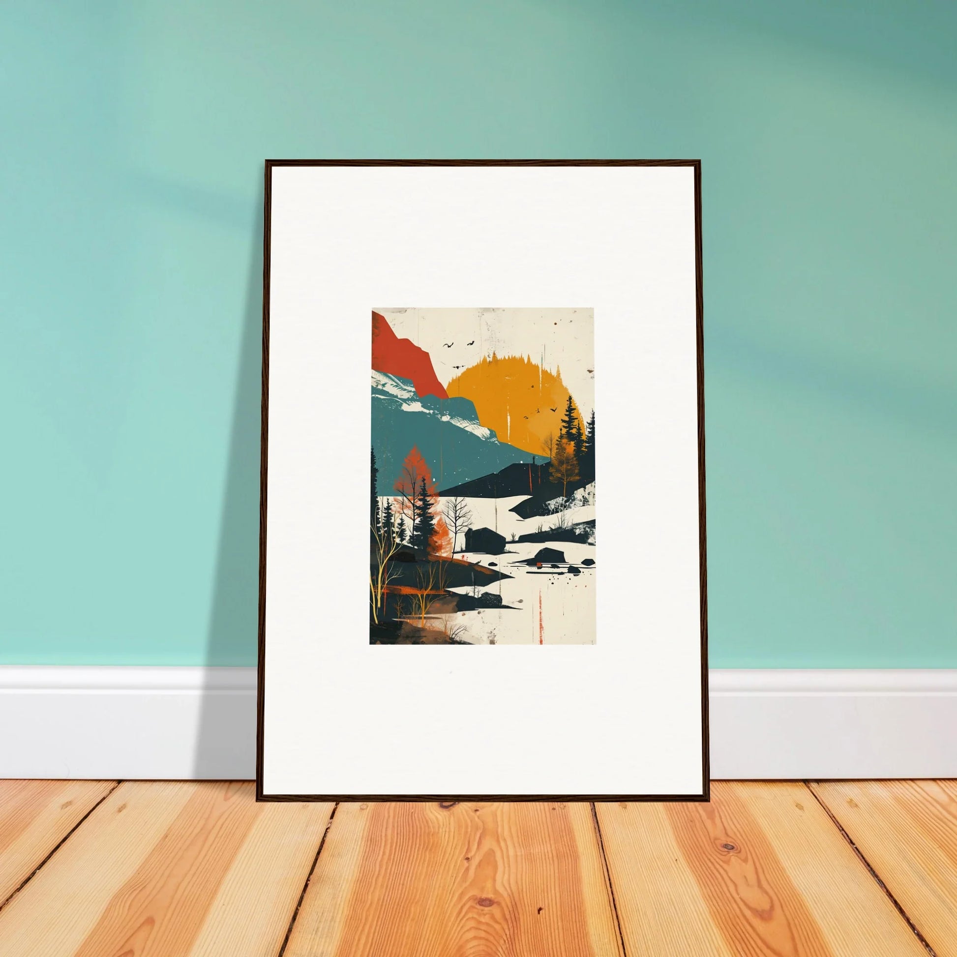 Framed abstract landscape canvas print of Trembling Skylines with mountains, trees, and sunset