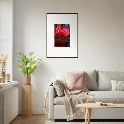 Framed wall art of a red neon Swag sign for trendy room decoration