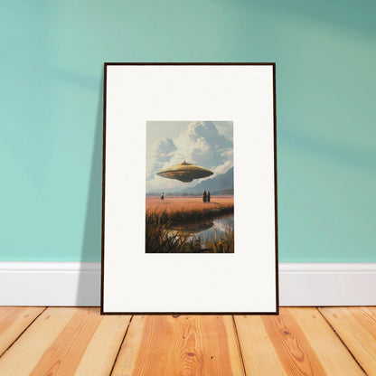 Framed canvas print of a UFO over a sunset for cool room decoration