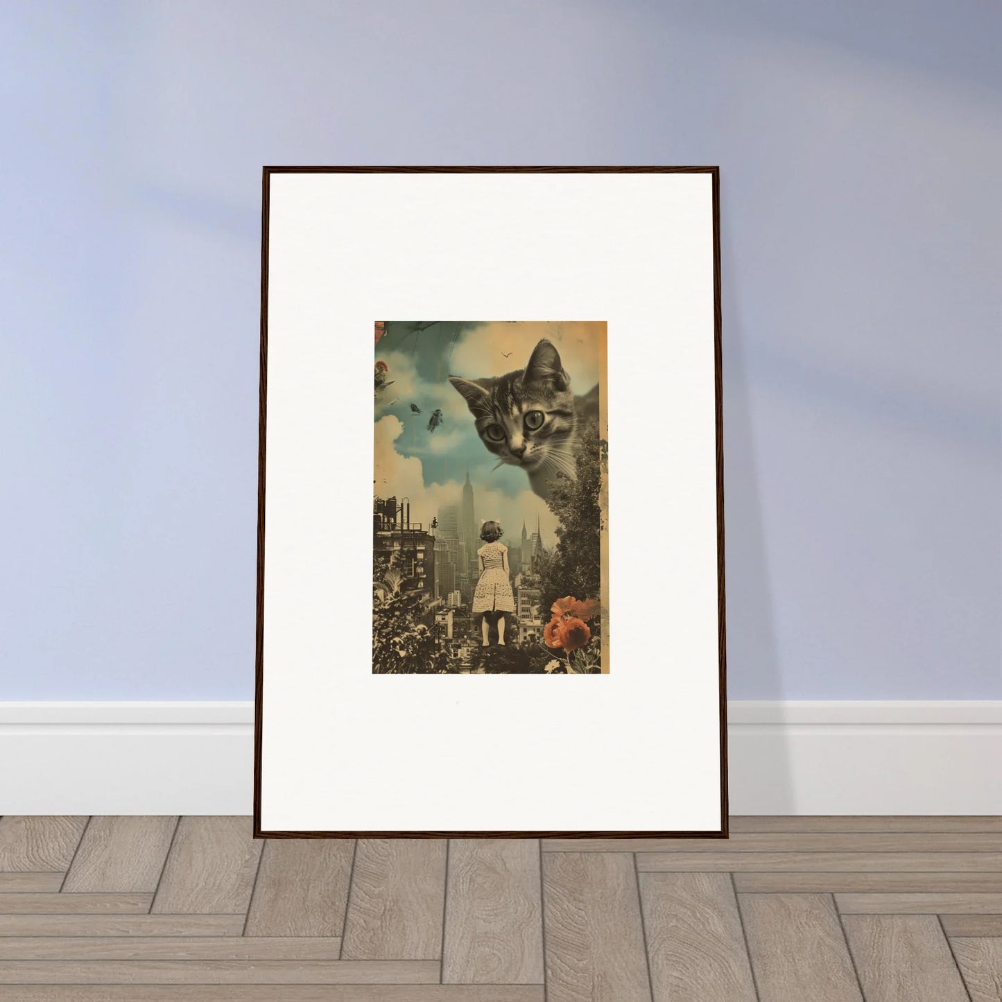 Framed surrealist canvas print of a giant cat watching a small figure, perfect for room decoration