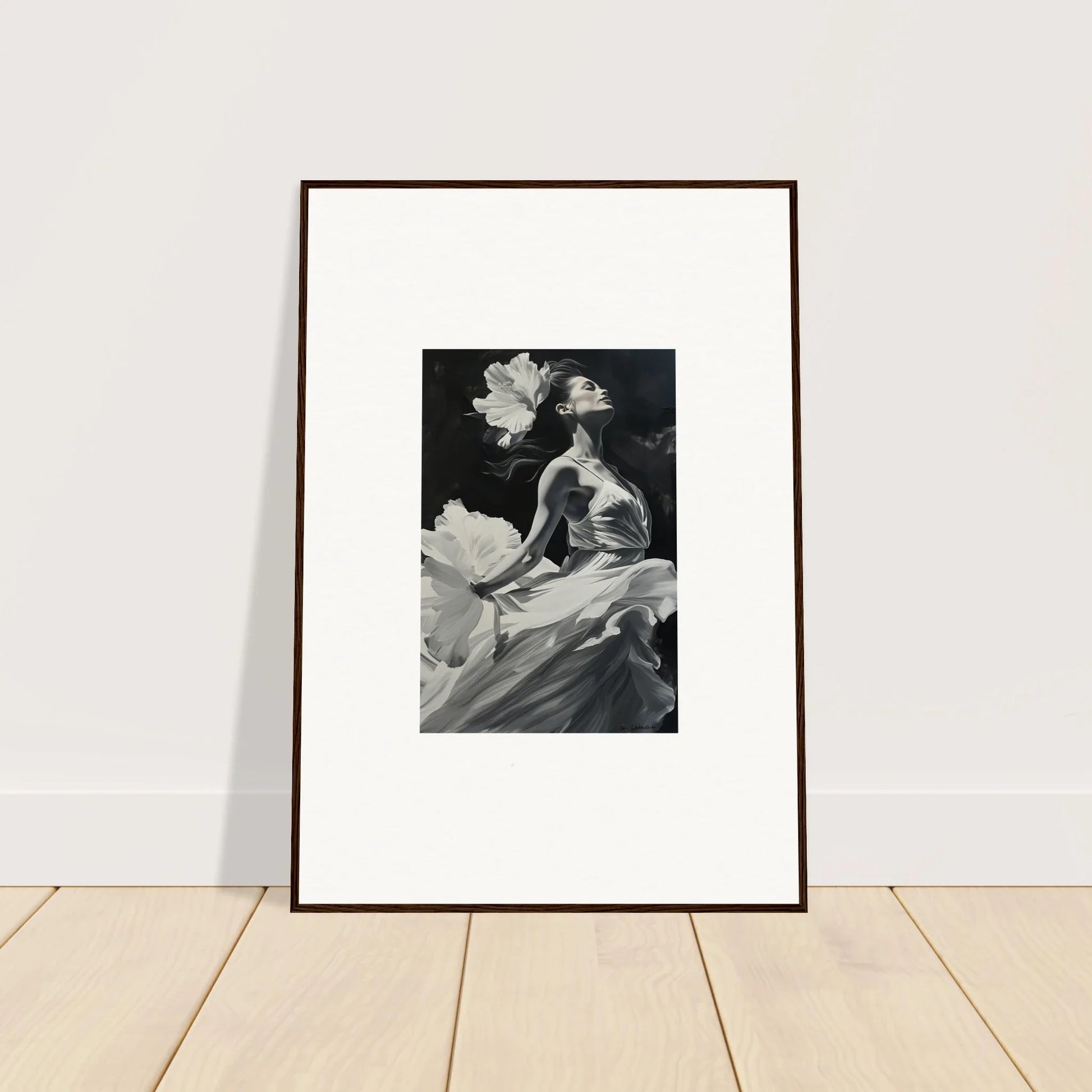 Framed black and white photo of a person with flowers for visionary reverie room decoration