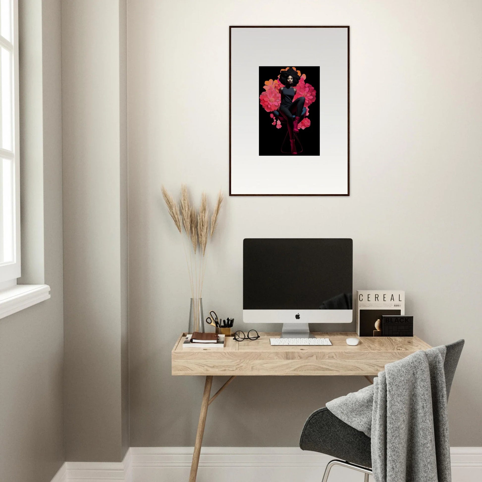 Minimalist home office with wooden desk, computer, and equinox sovereign canvas print