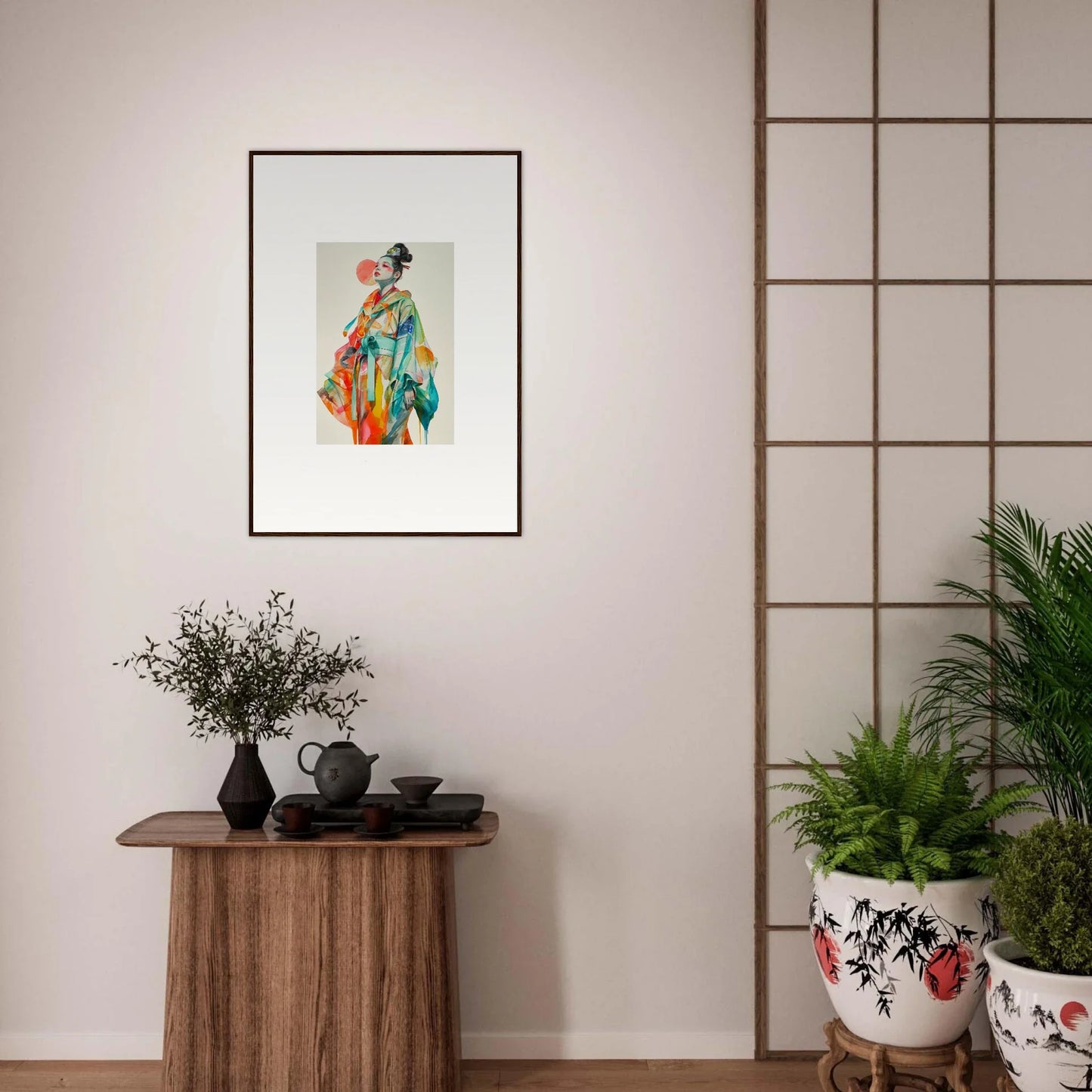 Colorful geisha canvas print for room decoration, showcasing rainbow essence vibes