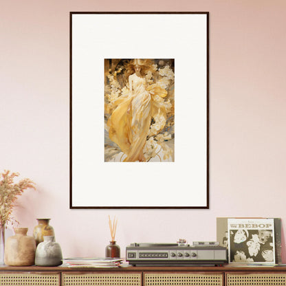 Framed canvas print of an ethereal female in golden robes, perfect for a Petal Serenade room decoration