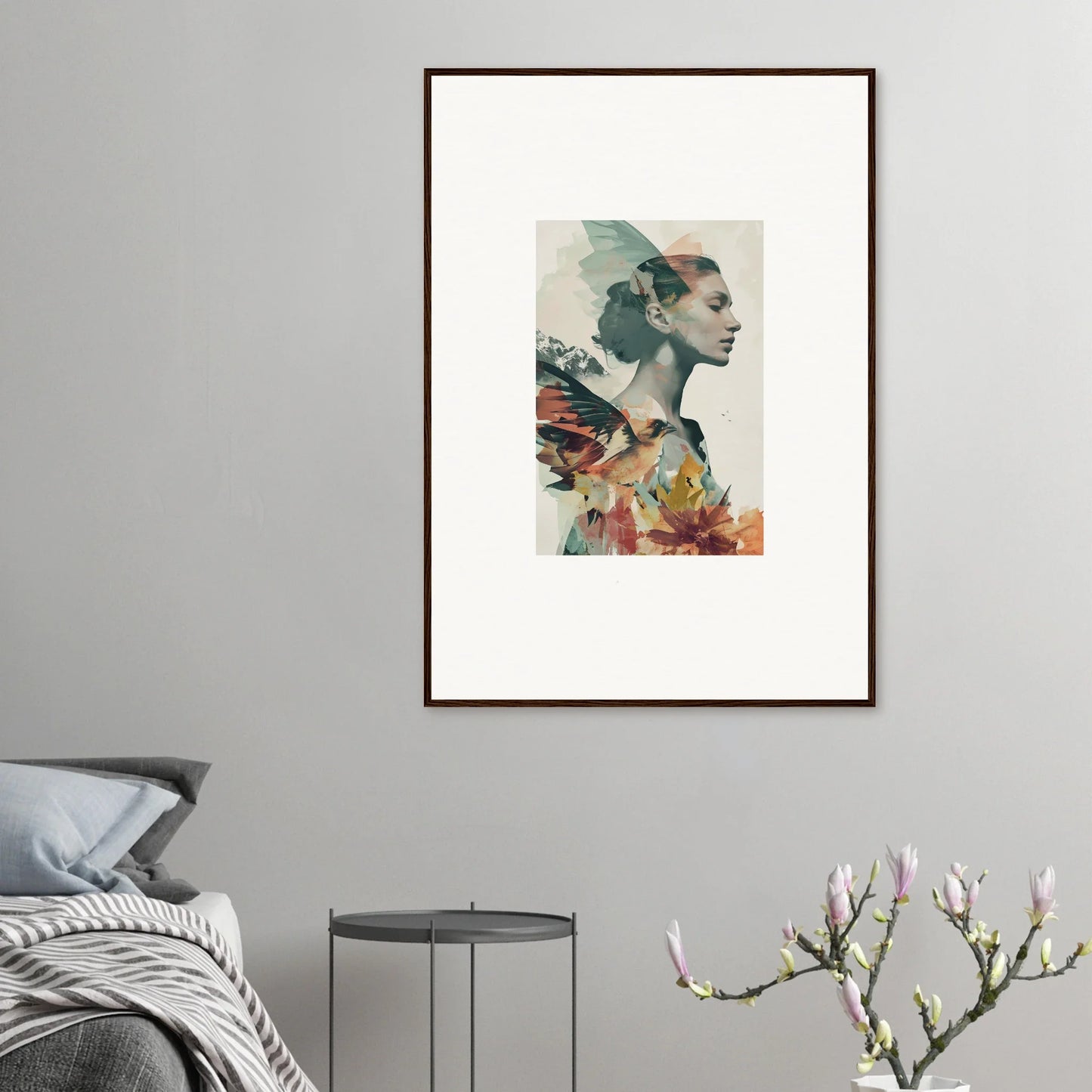 Framed double exposure portrait with floral elements for room decoration, Reverie Blossom design