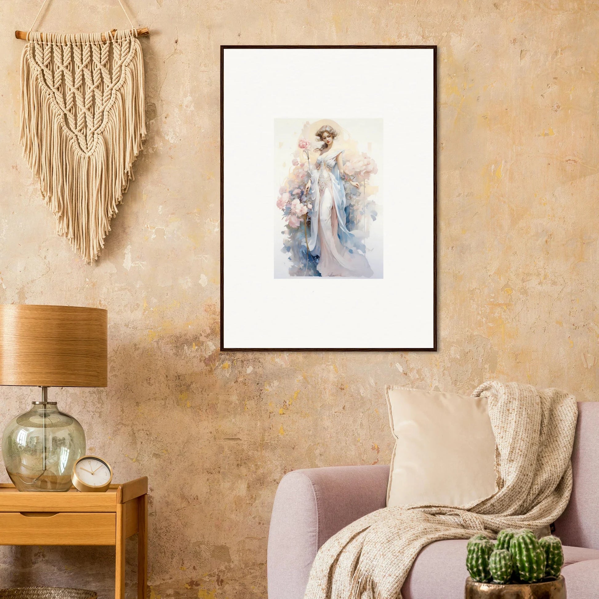 Framed watercolor of an ethereal figure for a dreamy Blossom Serenade room decoration