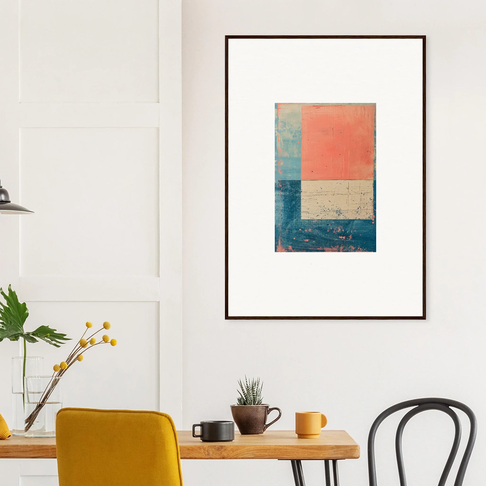 Framed canvas print of geometric color blocks in coral, teal, and beige for room decoration