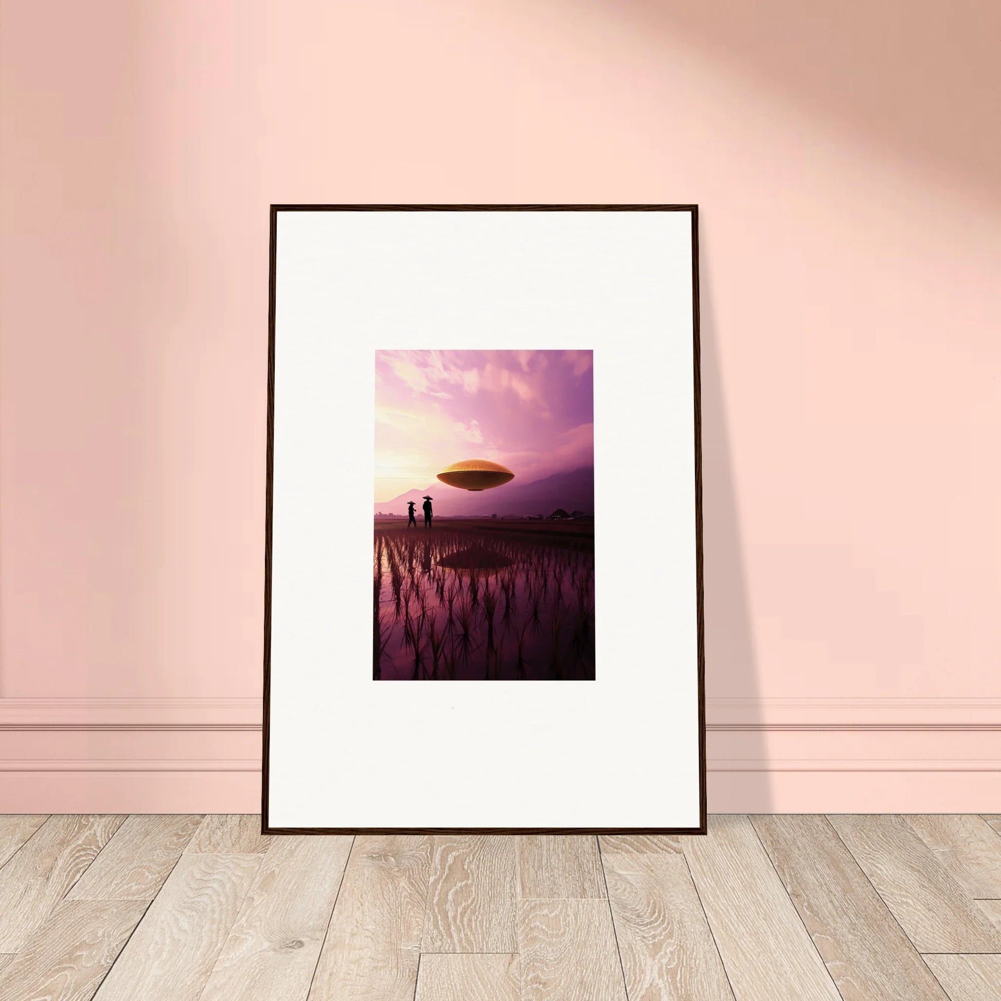 Framed canvas print of Violet Dreaming UFO over a misty sunset landscape