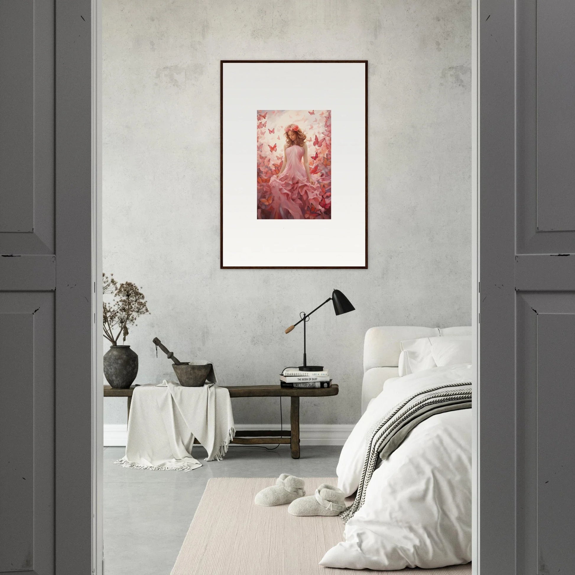 Framed canvas print of a figure in a pink dress among flowers, perfect for autumn lattice room decoration