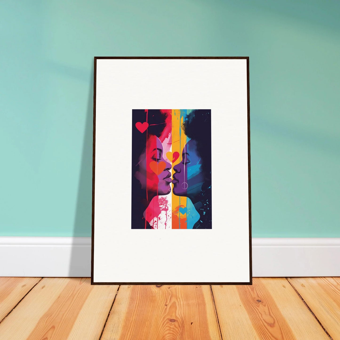 Framed canvas print of colorful geometric faces in profile for heartwave reflection room decoration