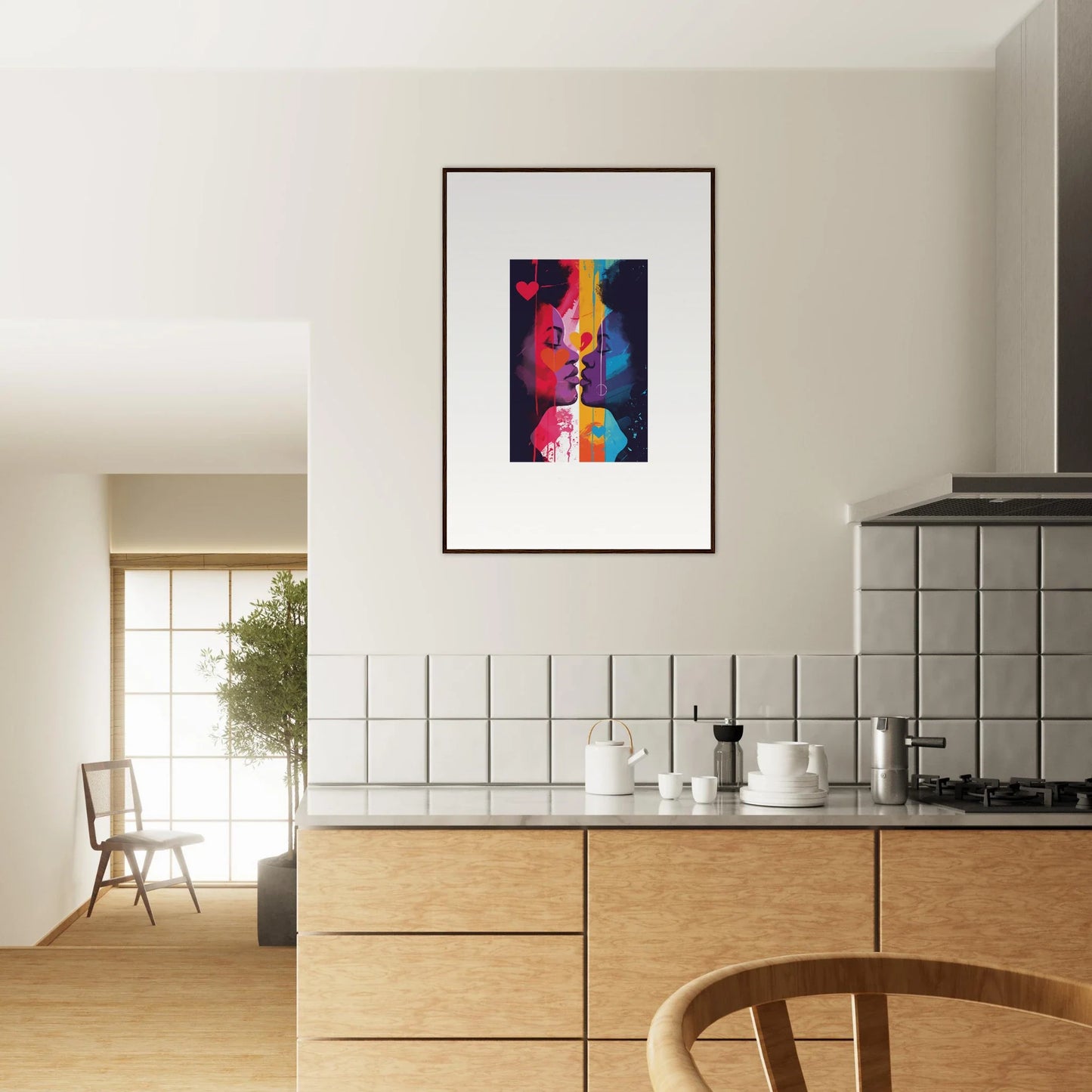 Framed Luminous Heartwave Reflection canvas print with vibrant colors and geometric shapes