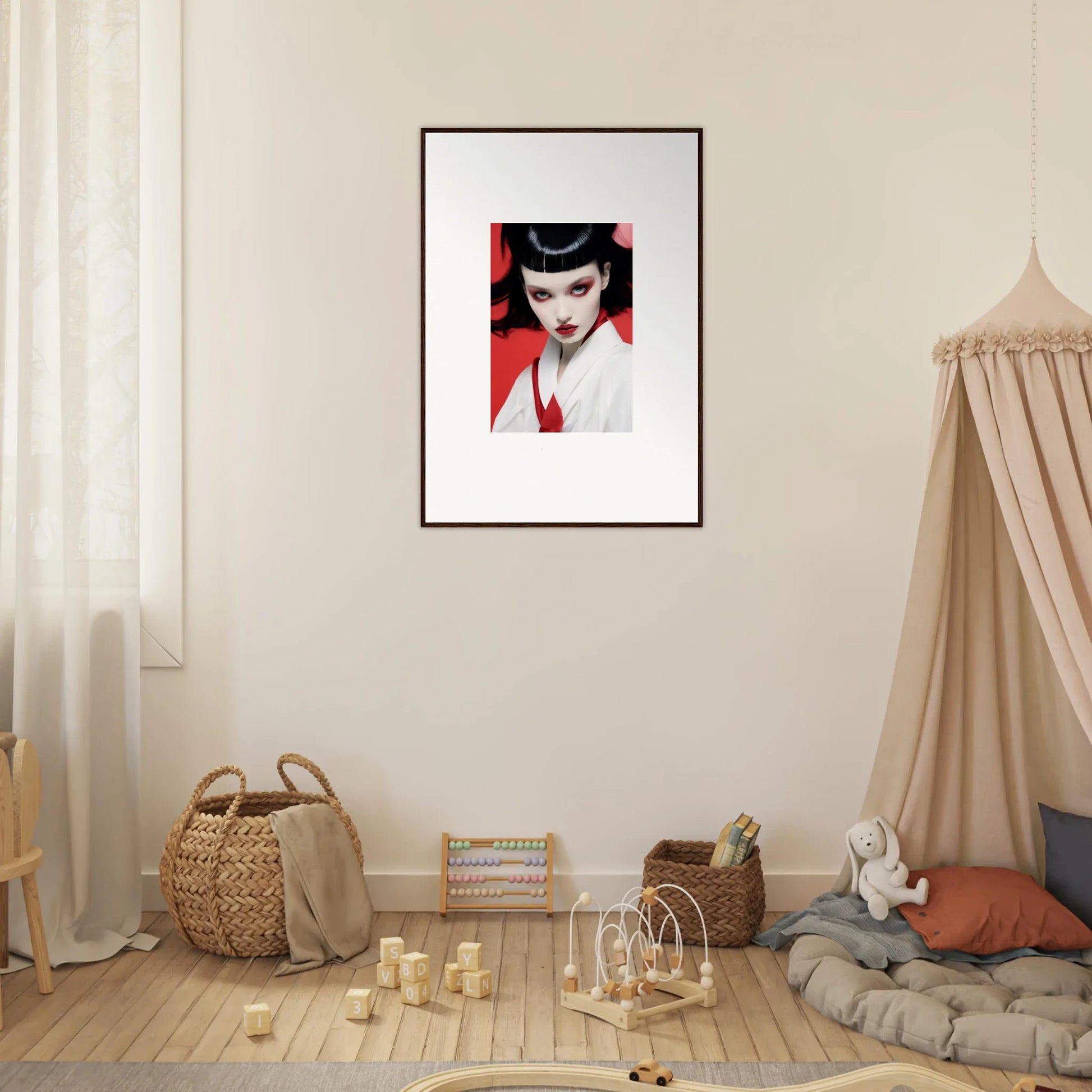 Framed canvas print of a person with bold makeup on a cherry dream red background