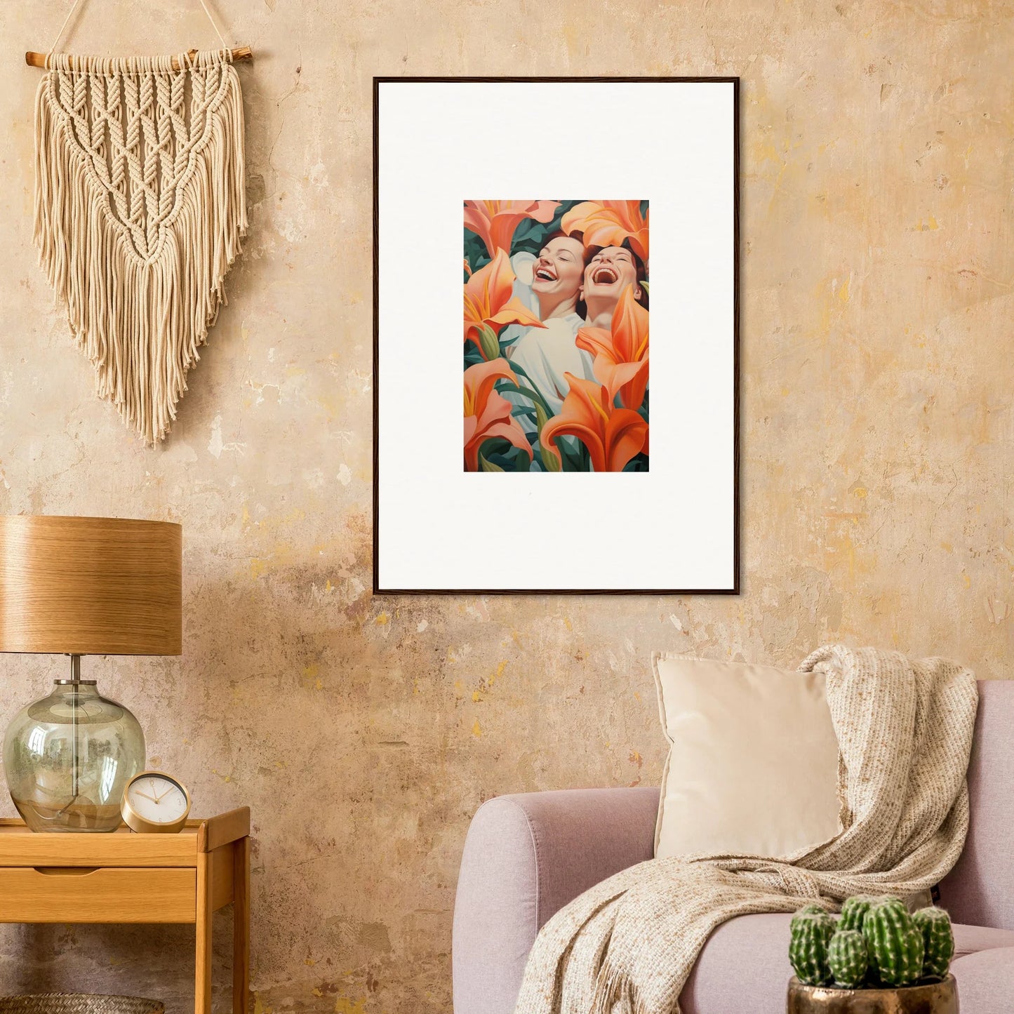 Framed wall art of two figures with orange flowers for stylish room decoration