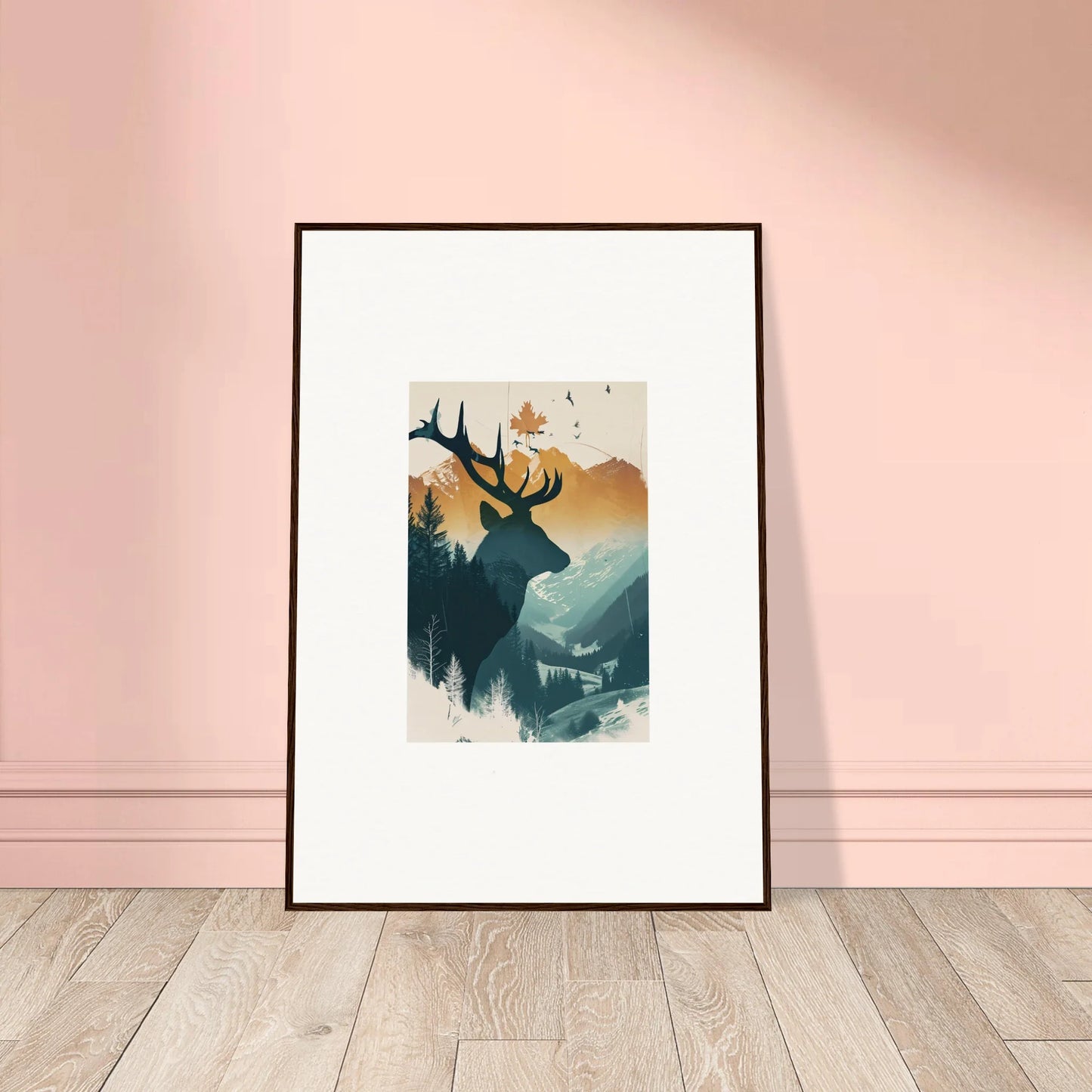 Framed stag haze canvas print with deer silhouette and mountain view for room decoration