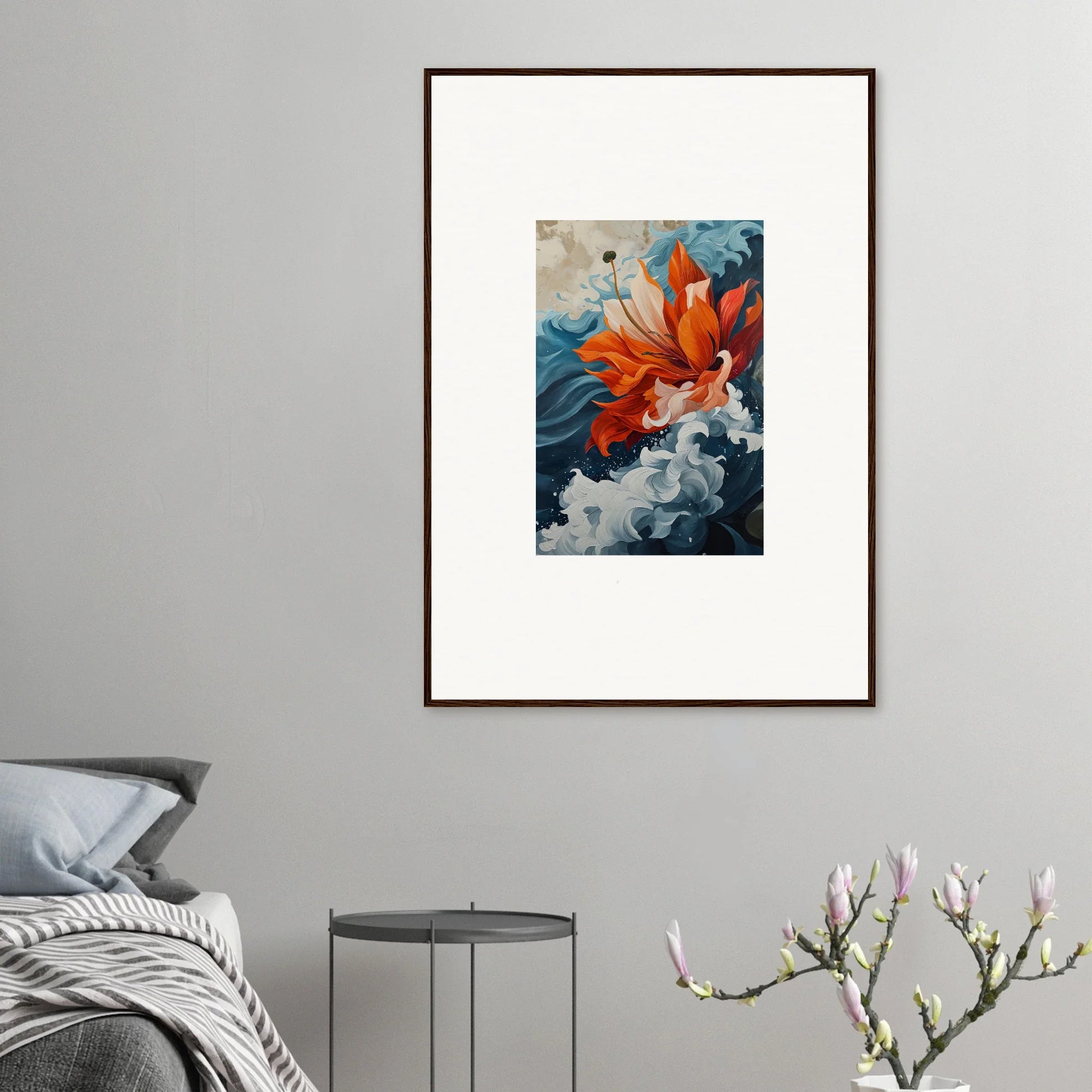 Framed canvas print of a vibrant orange goldfish in a Petal Odyssey design for room decoration