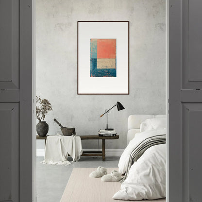 Framed abstract canvas print in teal, orange, and beige perfect for unique room decoration