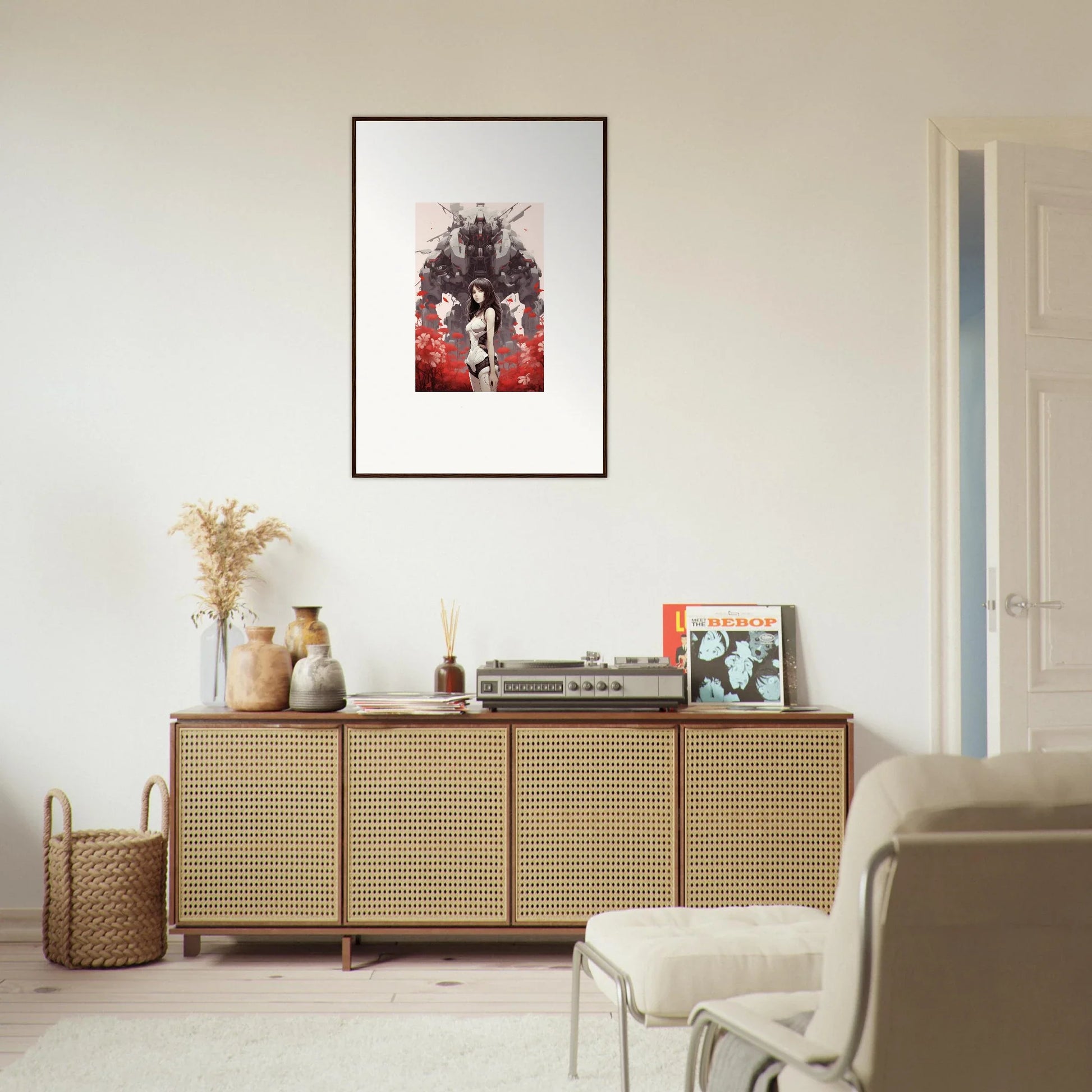 Wooden sideboard with cane-webbed doors perfect for Amour Reverie room decoration