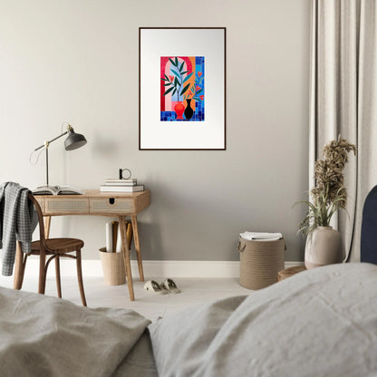 Framed wall art featuring colorful geometric shapes and ceramic blooms for vibrant room decor