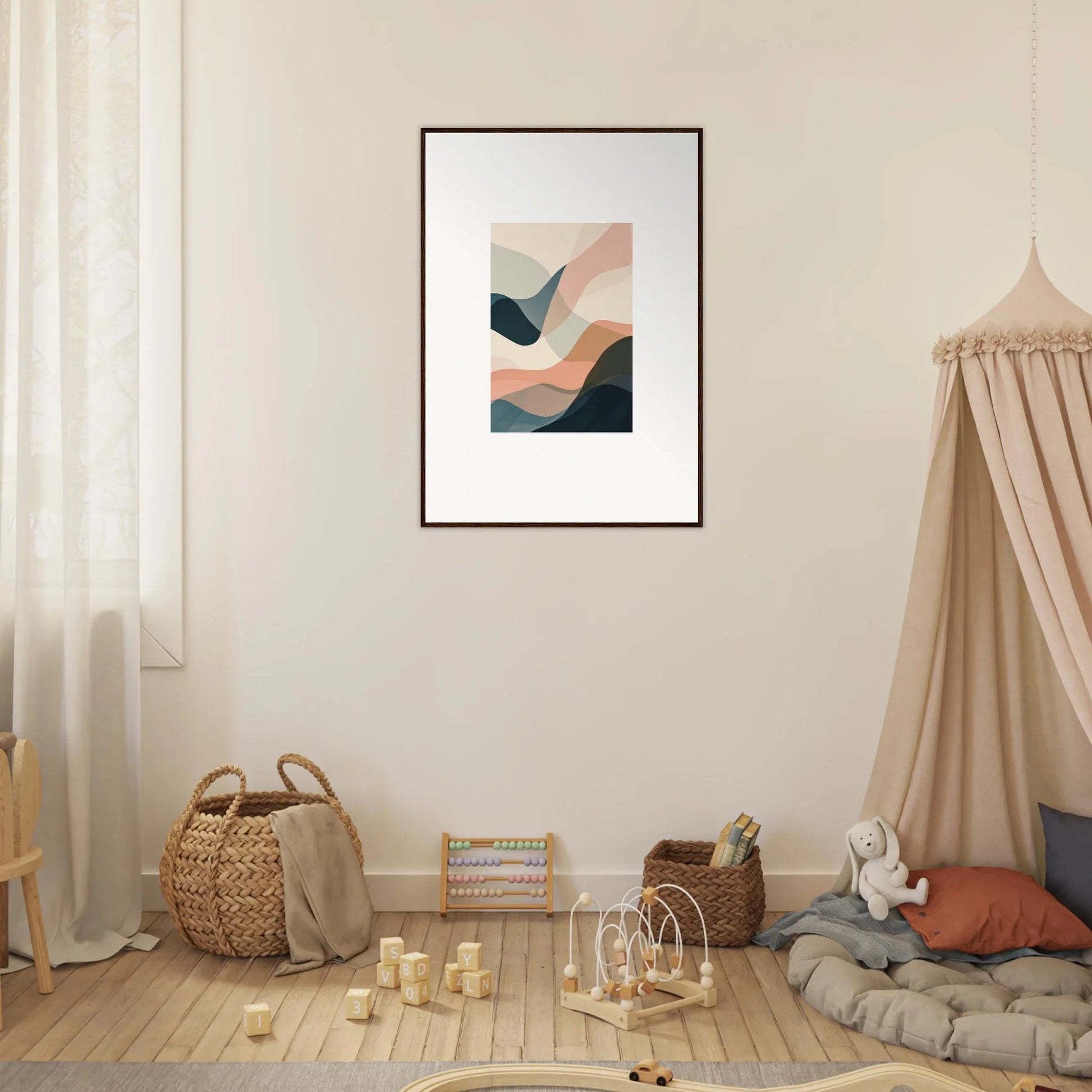 Framed abstract wall art with curved shapes in muted colors for stylish room decoration