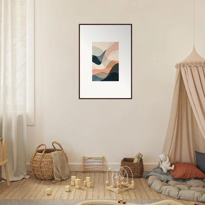 Framed abstract wall art with curved shapes in muted colors for stylish room decoration