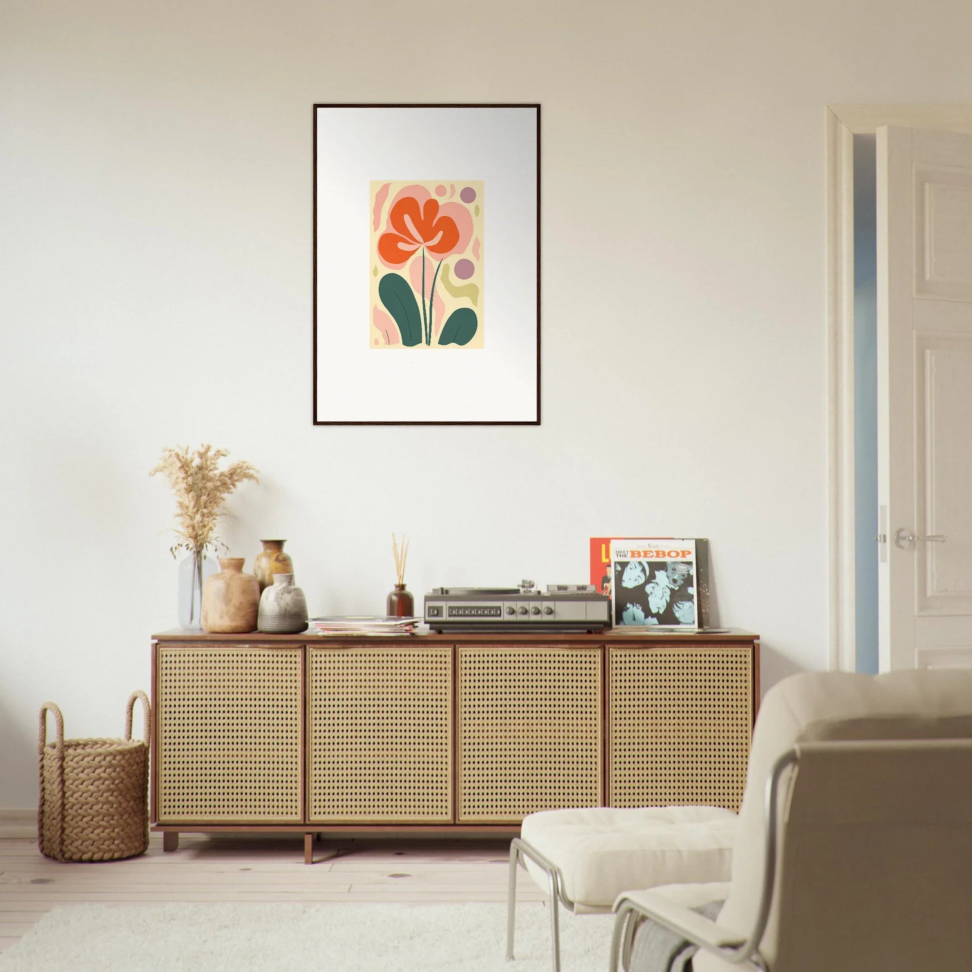 Wooden sideboard with rattan doors, perfect for echoes whimsy in room decoration