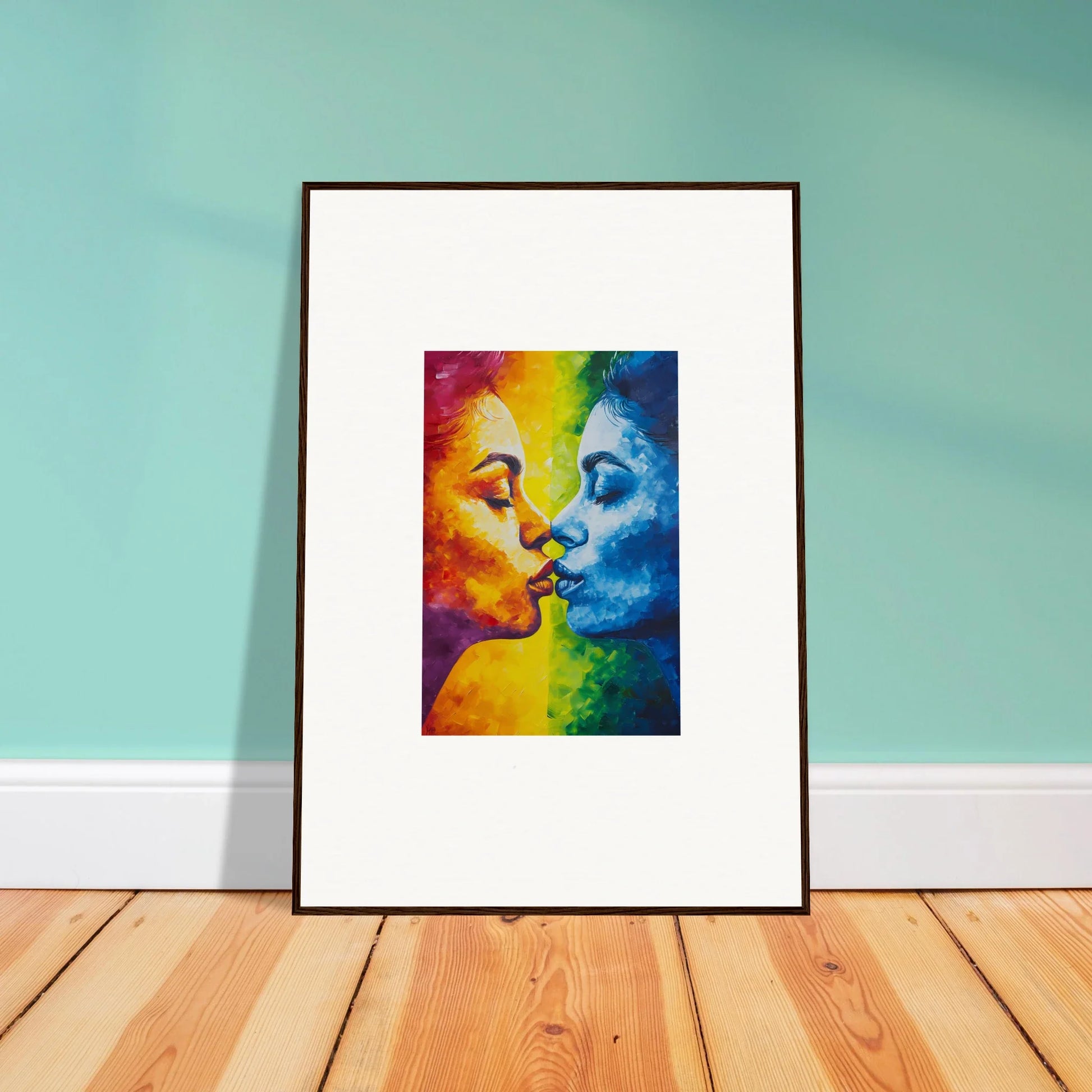 Framed canvas print of colorful faces kissing for a vibrant room decoration