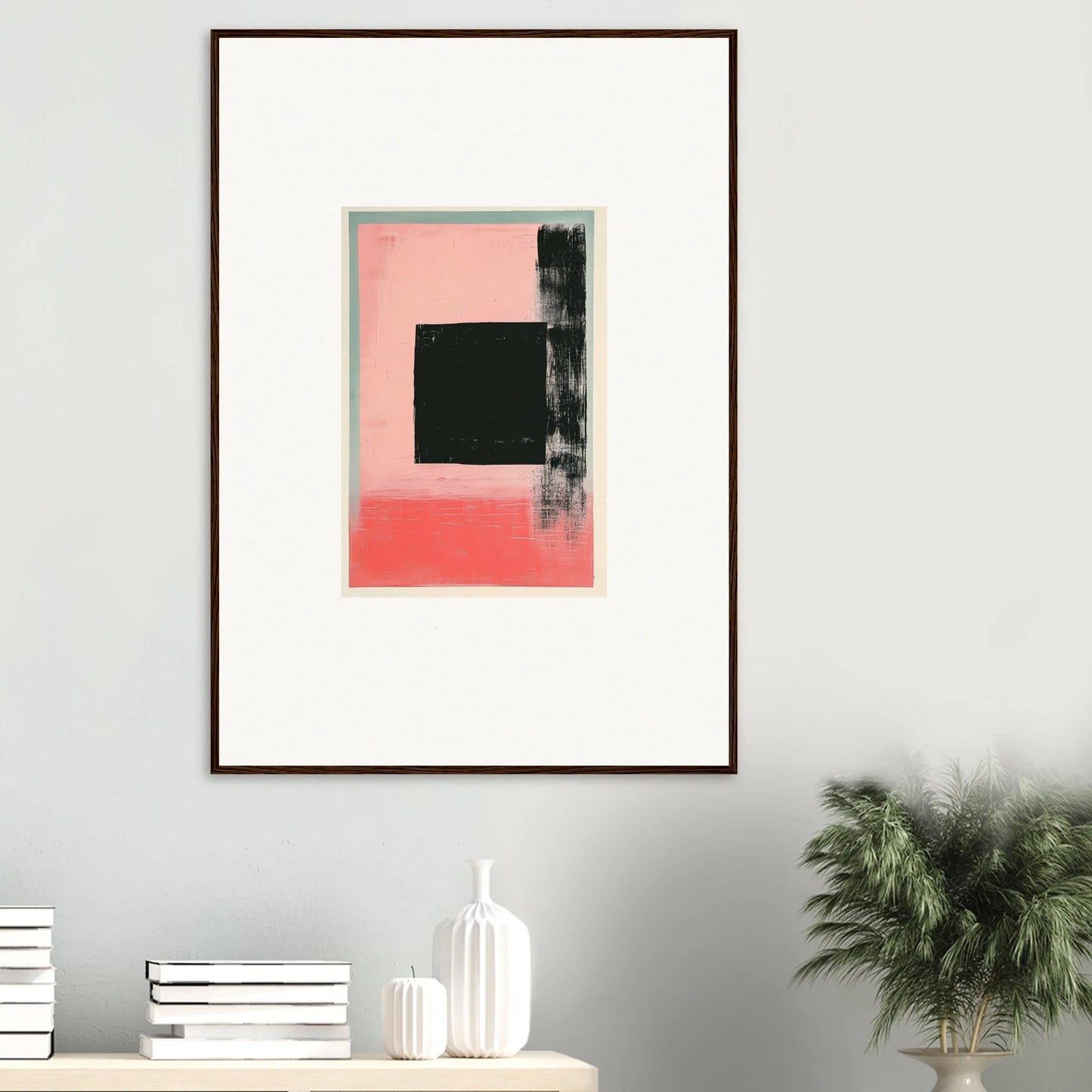 Framed canvas print of Elysian Frenzy with pink, black, and gray geometric shapes for room decoration