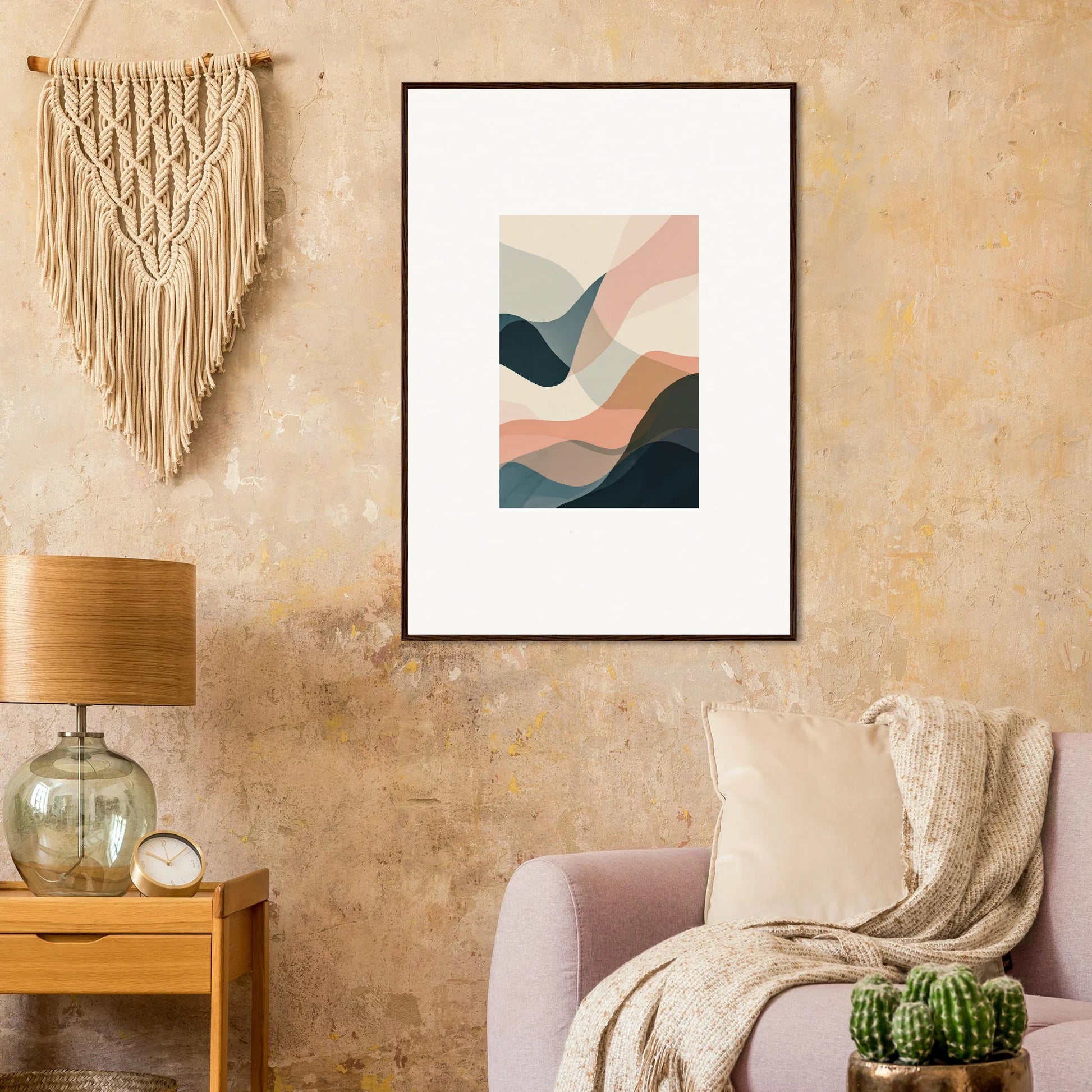 Framed abstract wall art with soft shapes and muted colors for stylish room decoration