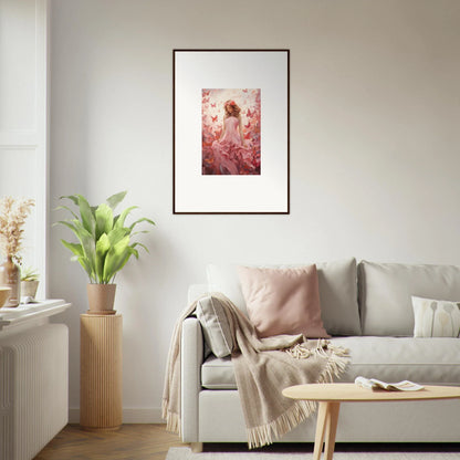 Framed canvas print of a figure amid pink flowers for autumn lattice room decoration