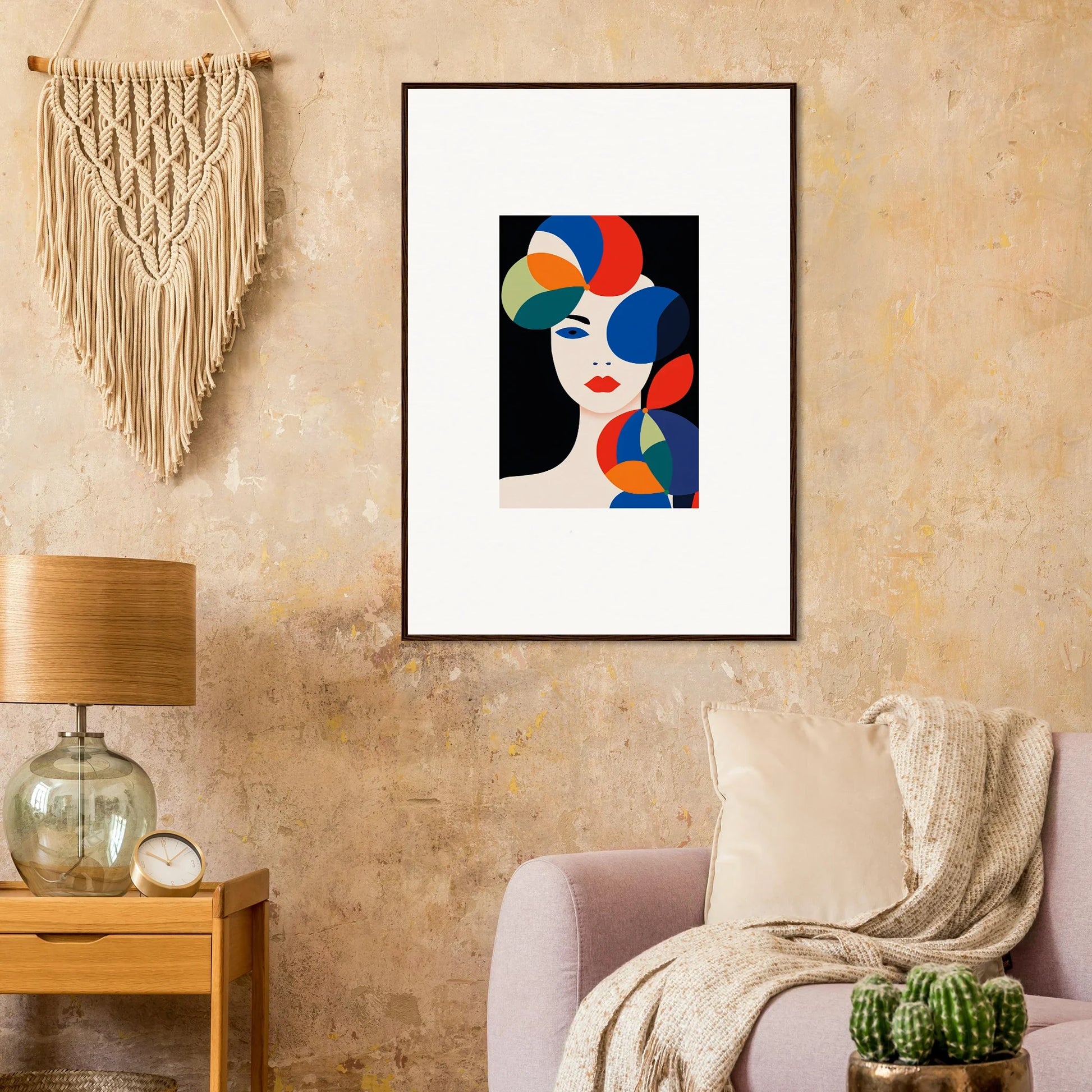 Framed abstract canvas print of colorful geometric shapes and petal echoes for room decoration