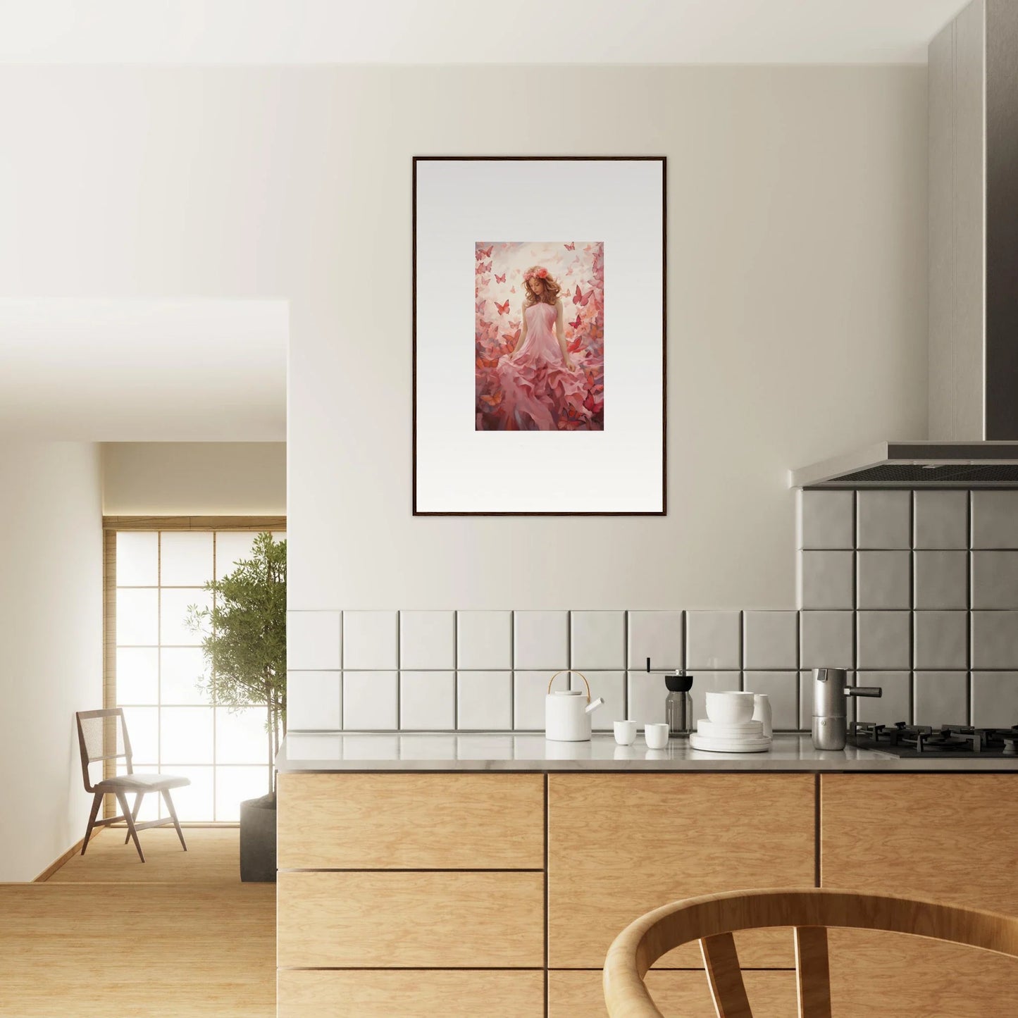 Framed canvas print of a figure with pink flowers for autumn lattice room decoration