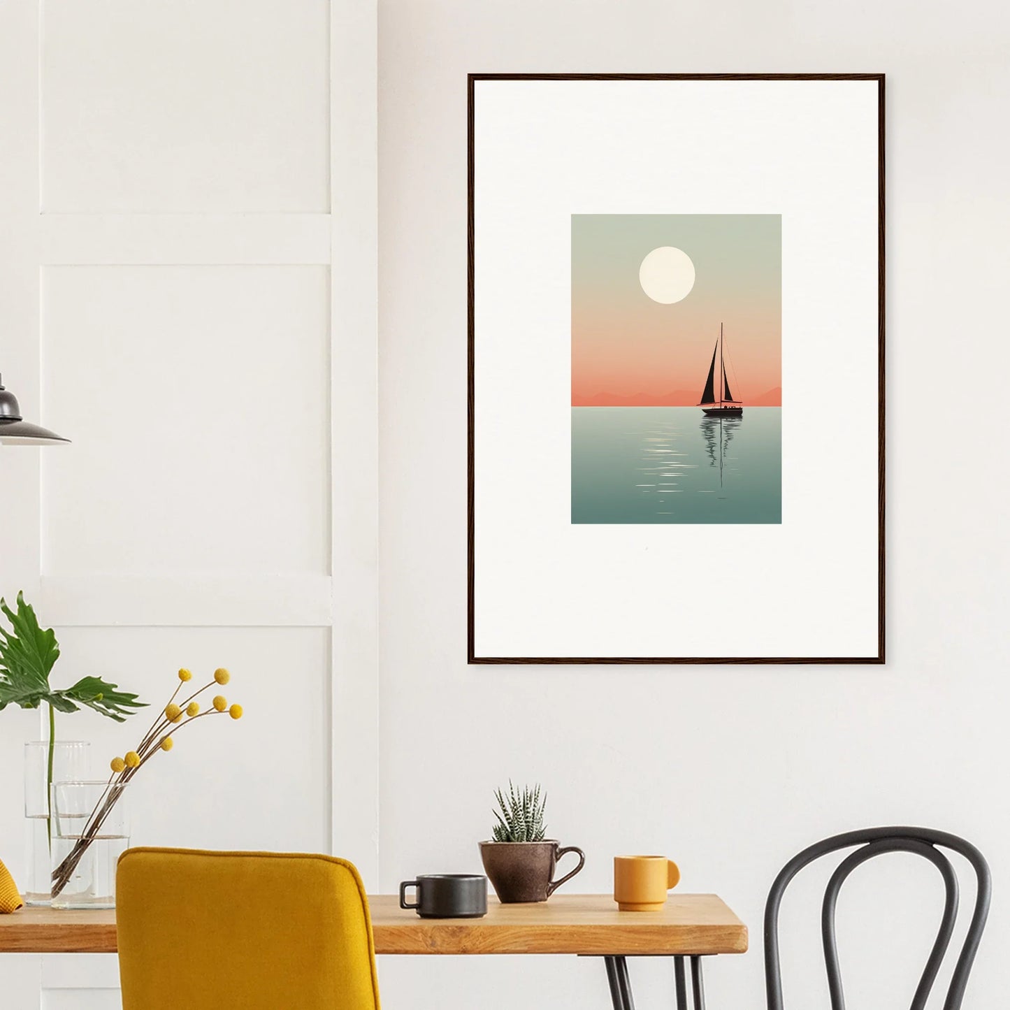 Framed canvas print of a sailboat at sunset for nautical harmonies room decoration