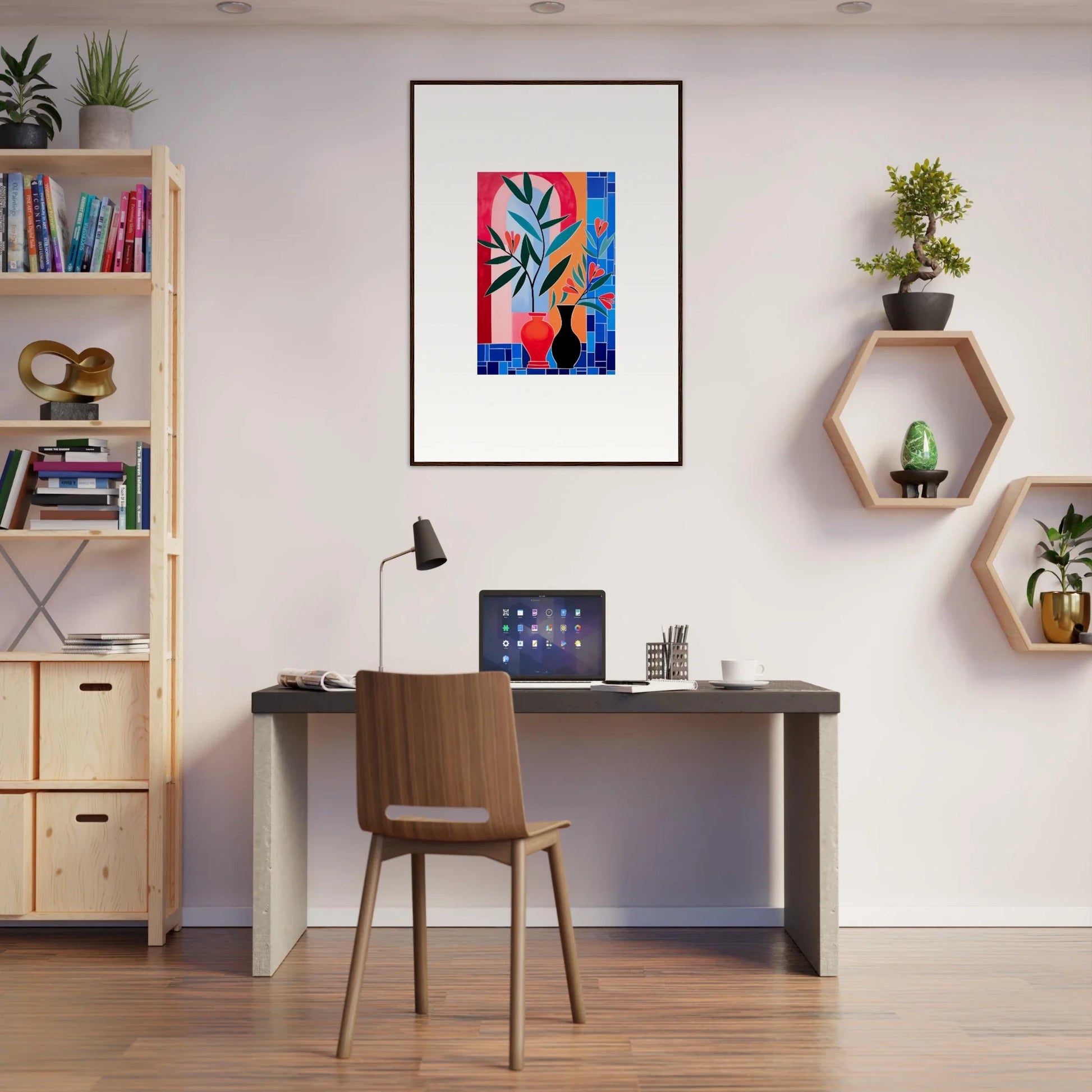 Modern home office with a desk and chair featuring Ceramic Blooms framed wall art