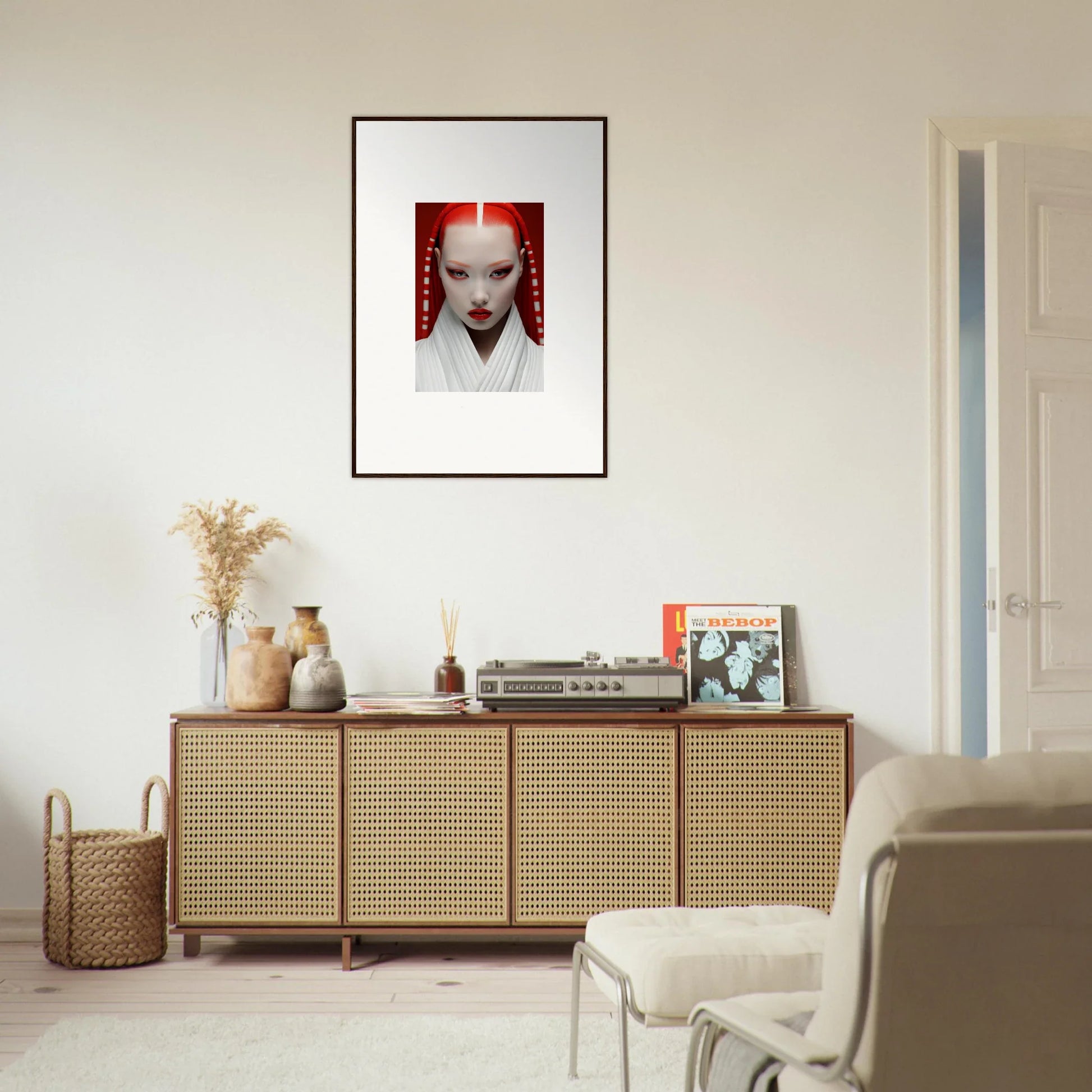 Framed portrait of a pale figure with red hair in Pome Artcard Whisper design